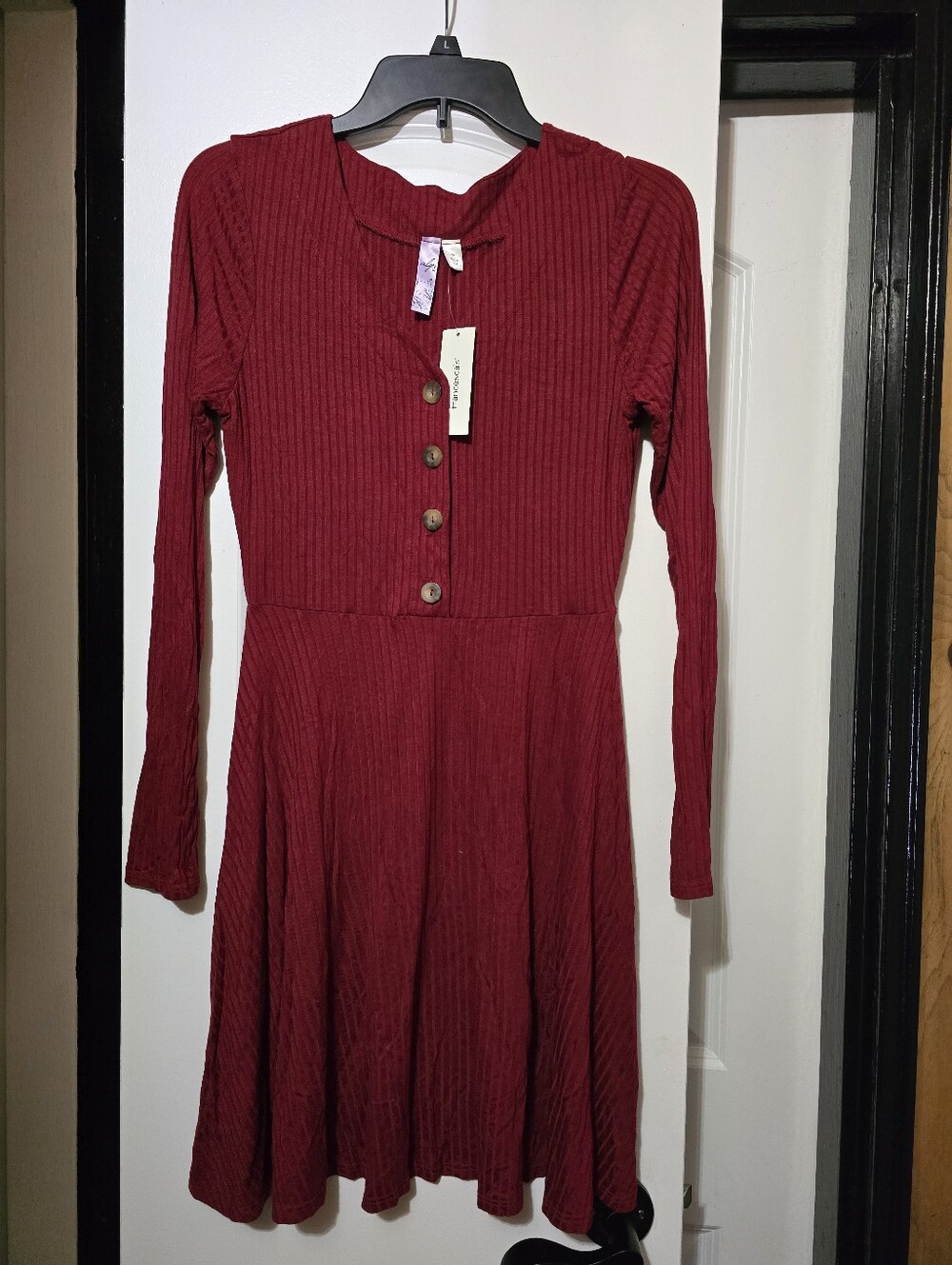 Francesca's Collections Women's Wine Red Long-Sleeve Bodycon Ribbed Dress Medium